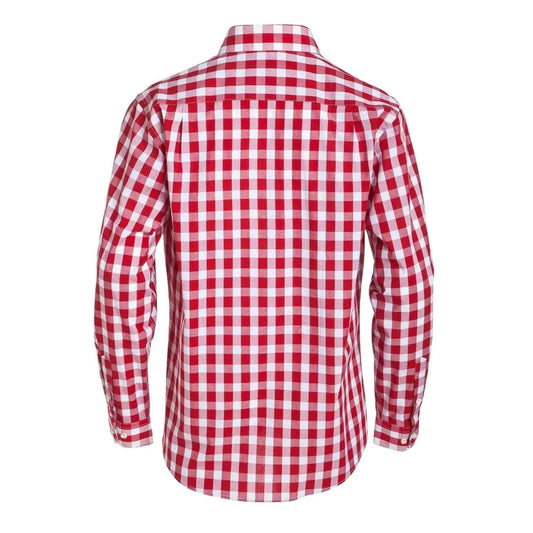 Men's red-and-white checkered button-up shirt, long sleeves, back view