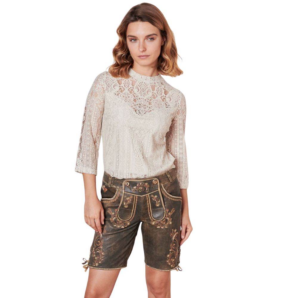 Bayerische Damen Lederhose kurz dunkelbraun mit Ziernähten - Lederhose Herren