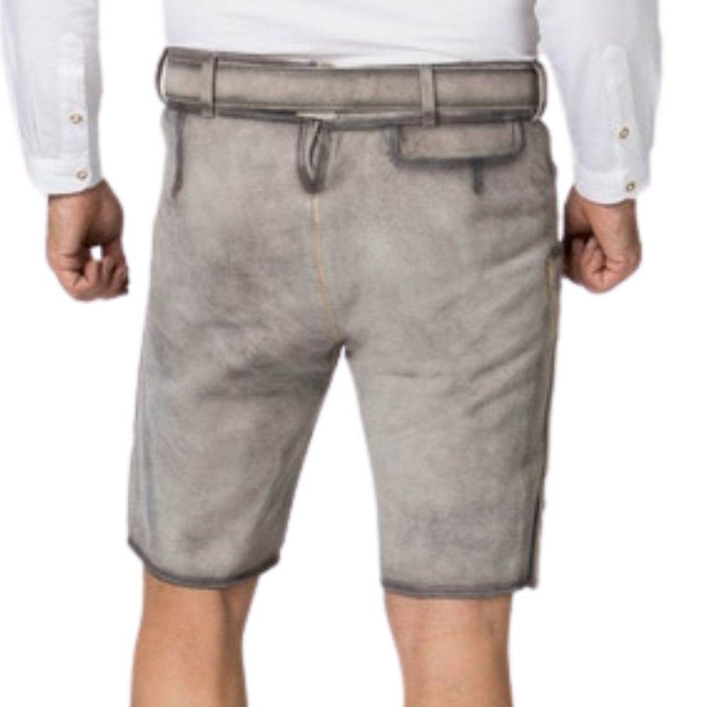 Men's traditional gray leather lederhosen with belt and knee-length straight cut
