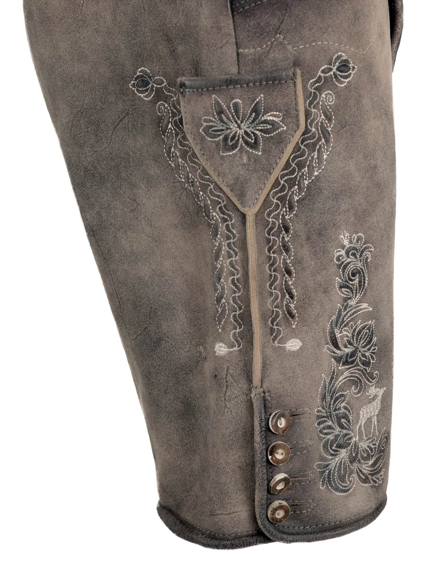 Men's dark gray suede lederhosen leg with white floral embroidery and button placket