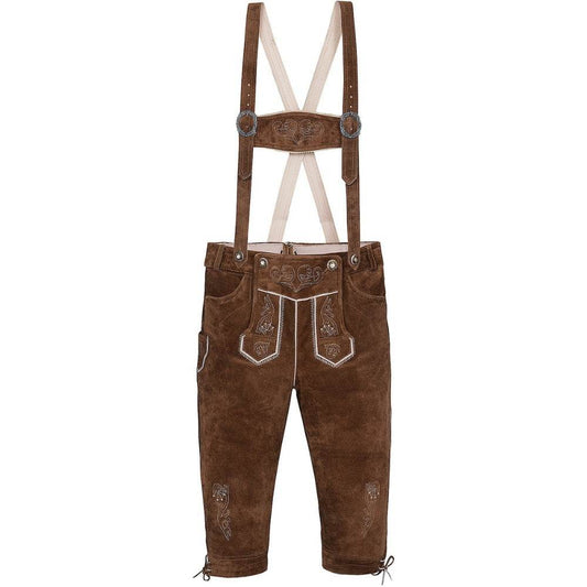 Brown men’s suede lederhosen with embroidered front and adjustable suspenders