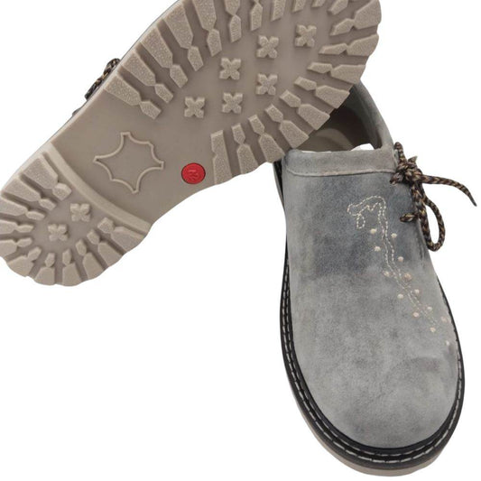 Men's Bavarian loafers, gray suede side with lace-up bow and textured tread sole