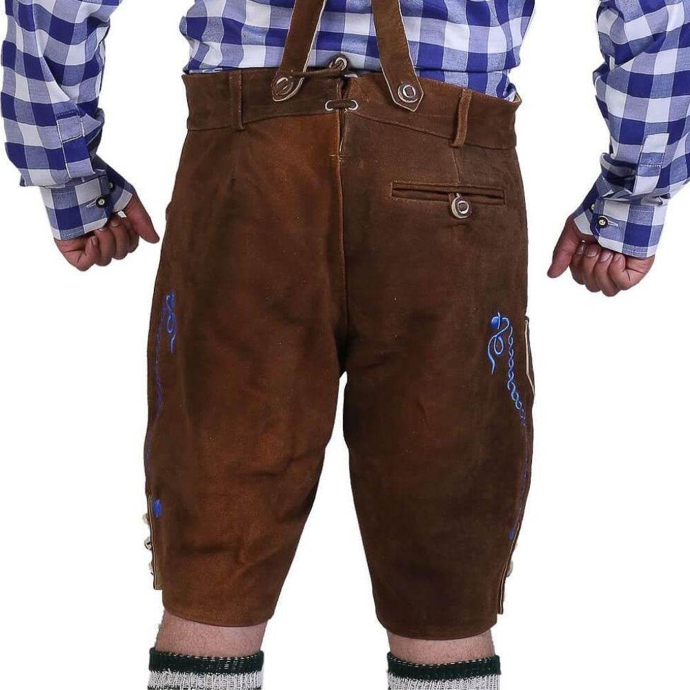 Brown leather lederhosen shorts with blue embroidery, front flap pocket, and belt loops