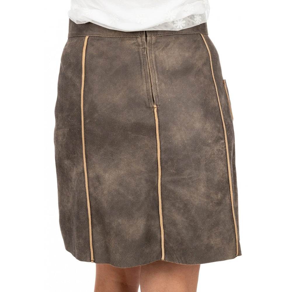 Women's traditional leather skirt, dark brown, back view with vertical seams and side slit