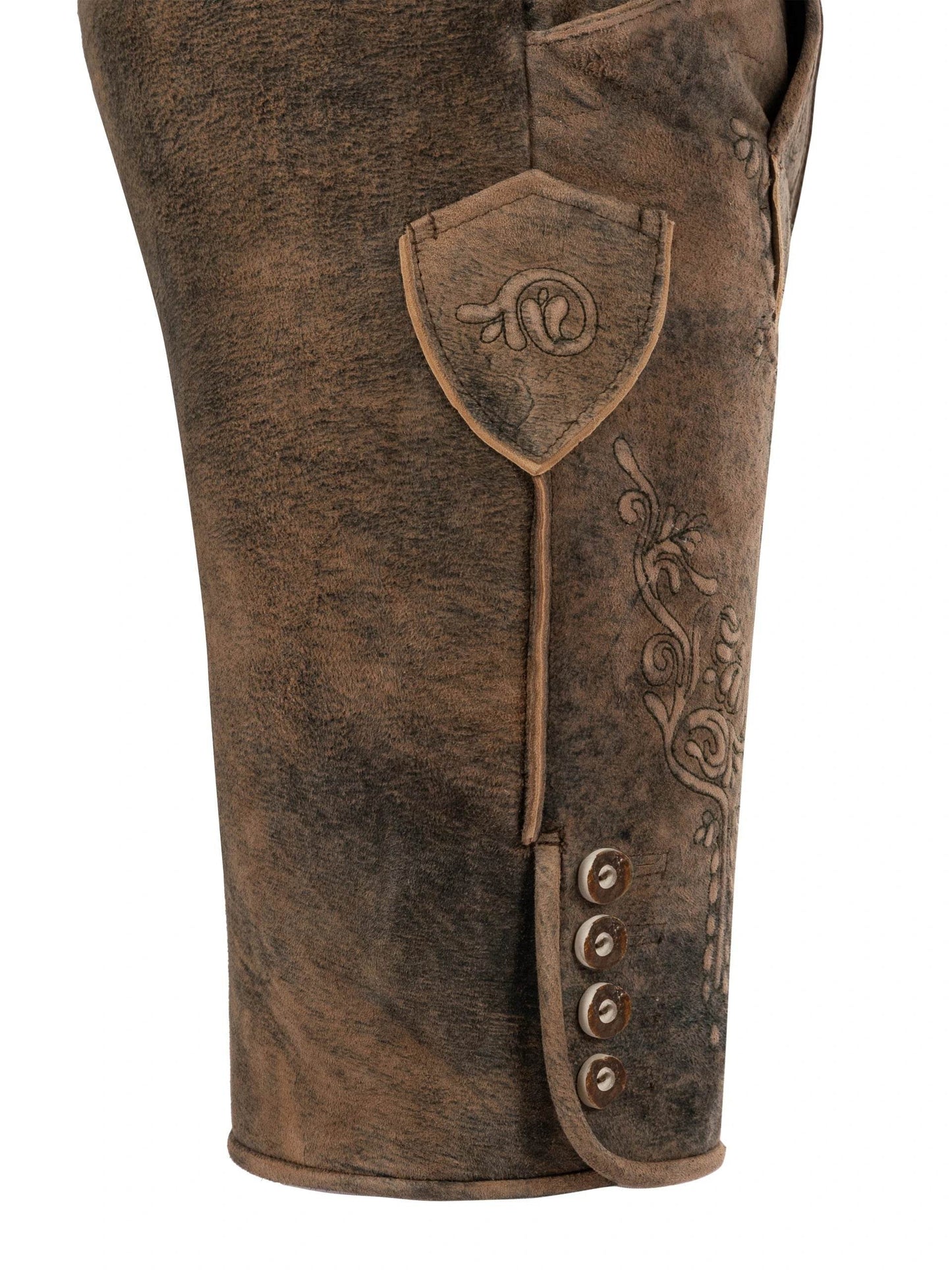 Men's brown lederhosen shorts close-up of side pocket and button placket embroidery