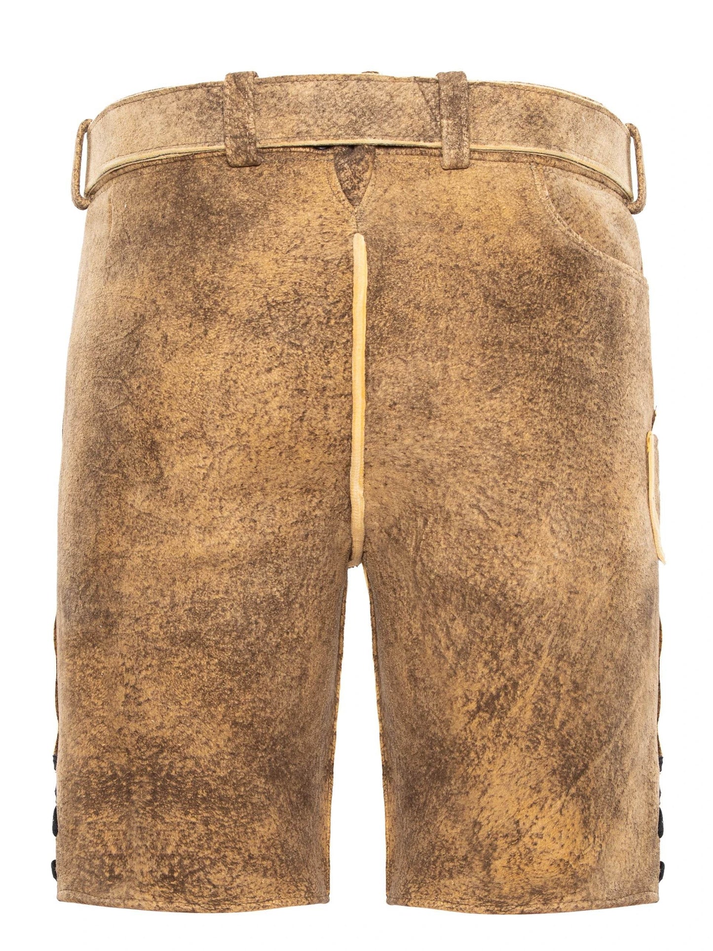 Brown leather lederhosen shorts with straight-cut legs, belt loops, front fly detail