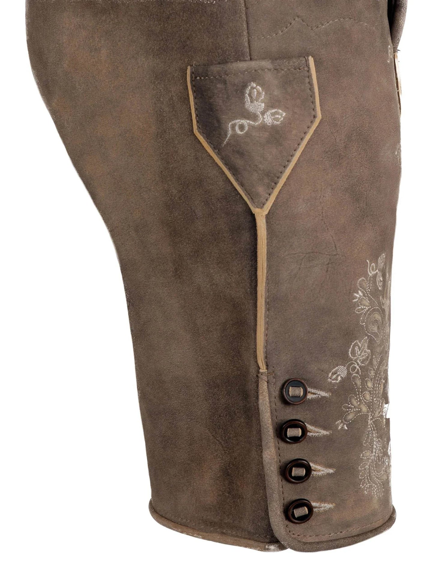 Dark brown leather lederhosen close-up with embroidered panel and five-button placket