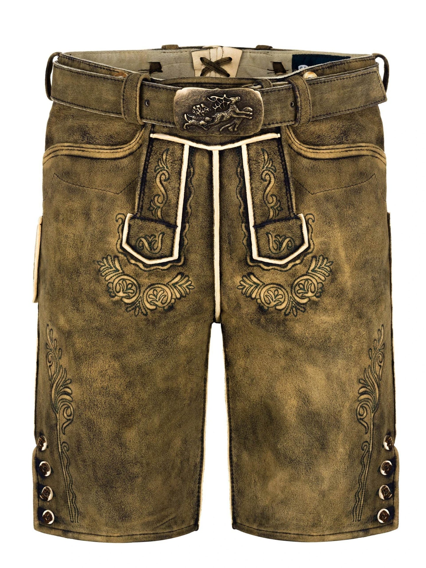 Men's olive leather lederhosen with engraved belt buckle and ornate leg embroidery
