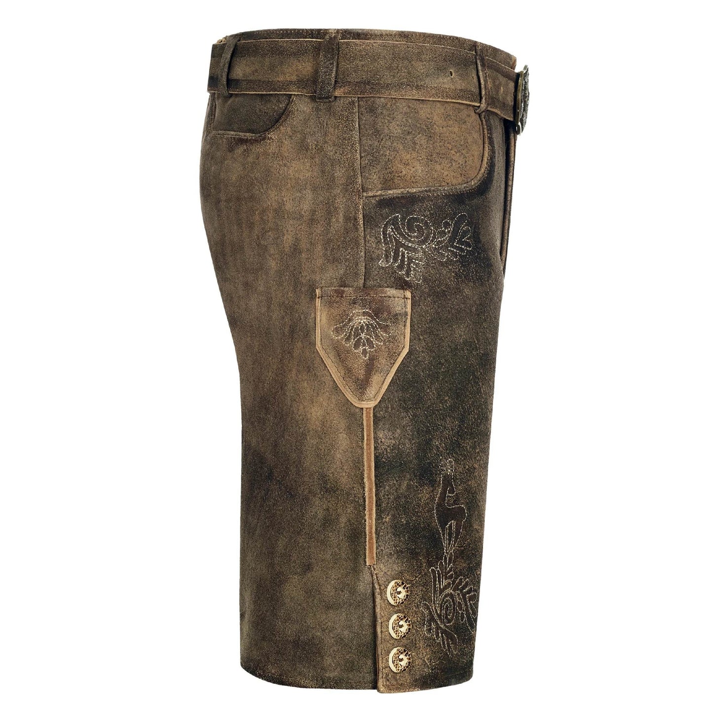 Men's dark brown lederhosen shorts with decorative fly buttons and side embroidery