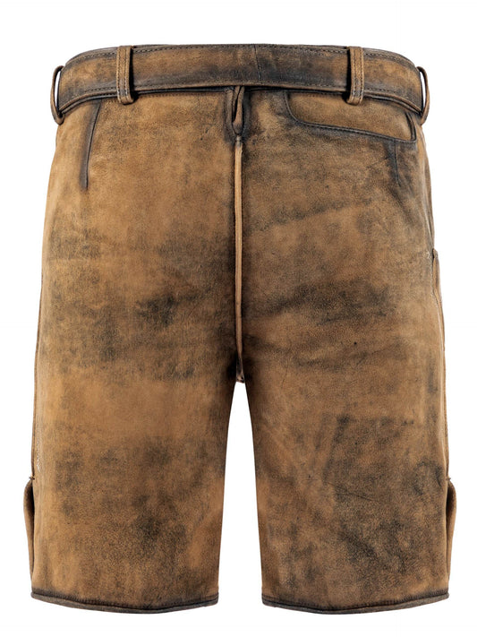 Men's short lederhosen trousers, tan-brown, back view with belt loops