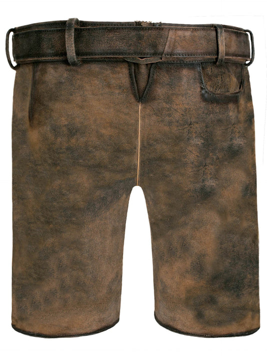 Brown leather-style trachten shorts with waistband, side pockets, and front center seam
