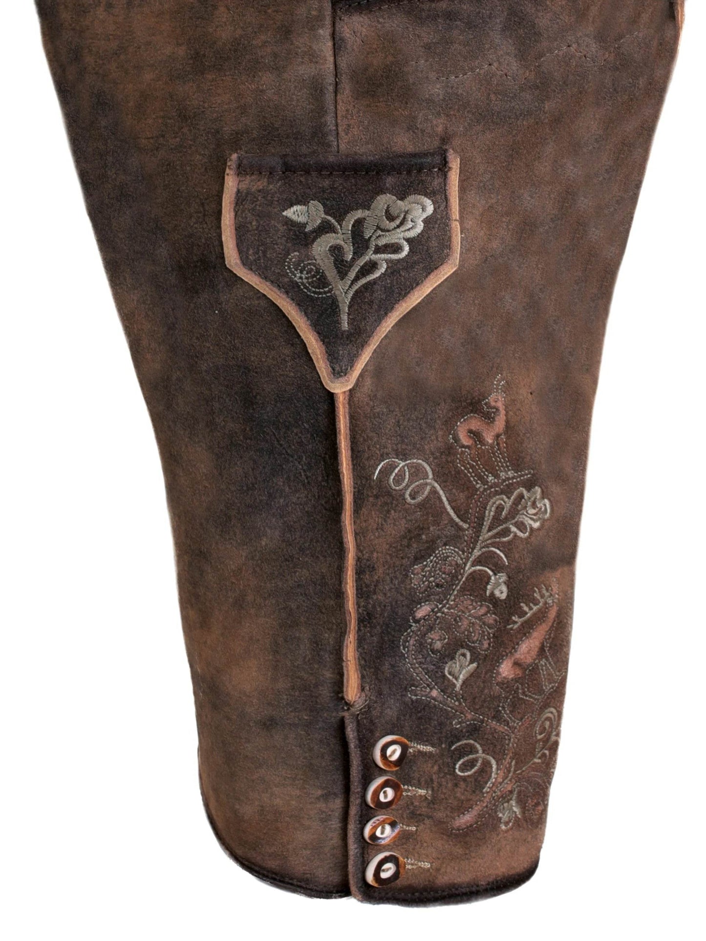 Brown trachten shorts with decorative fly emblem, floral embroidery, and button trim