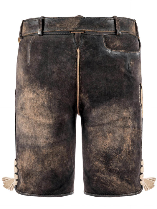 Brown leather lederhosen shorts with front fly and two side pockets