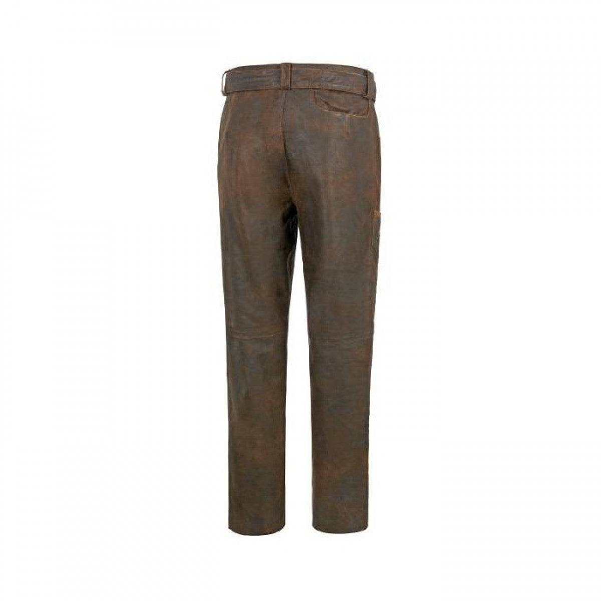 Brown leather lederhosen with wide waistband and straight legs