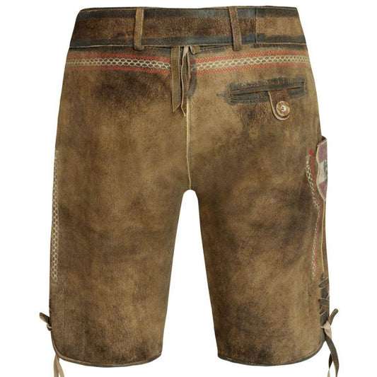 Brown leather lederhosen with belt loops, stitched panels, and side tie straps