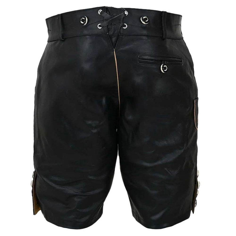 Men's black leather shorts with back seam and side pocket flap
