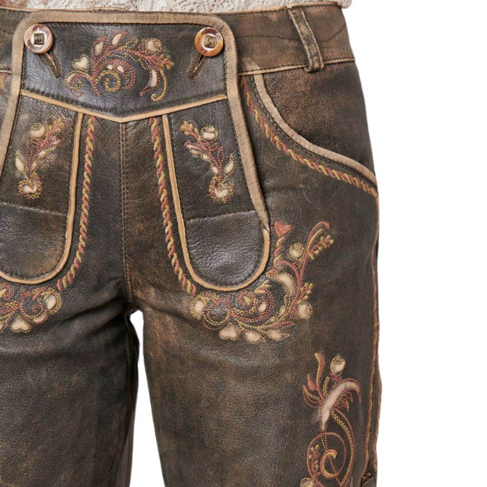 Bayerische Damen Lederhose kurz dunkelbraun mit Ziernähten - Lederhose Herren