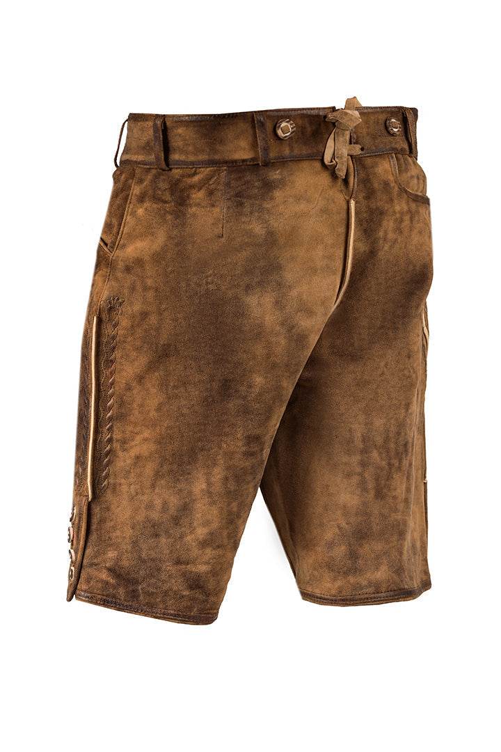 Brown traditional leather lederhosen shorts with wide waistband and stitched side seams