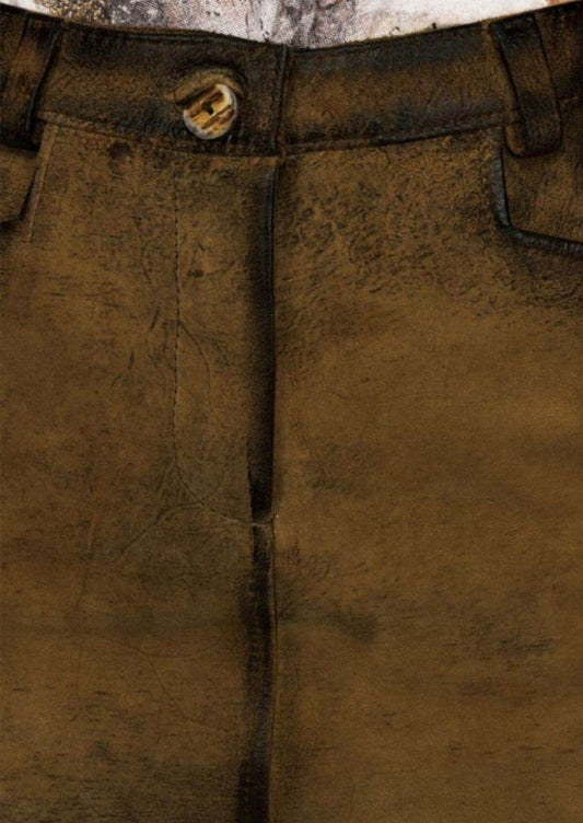 Brown leather dirndl skirt waistband detail with front button and belt loops