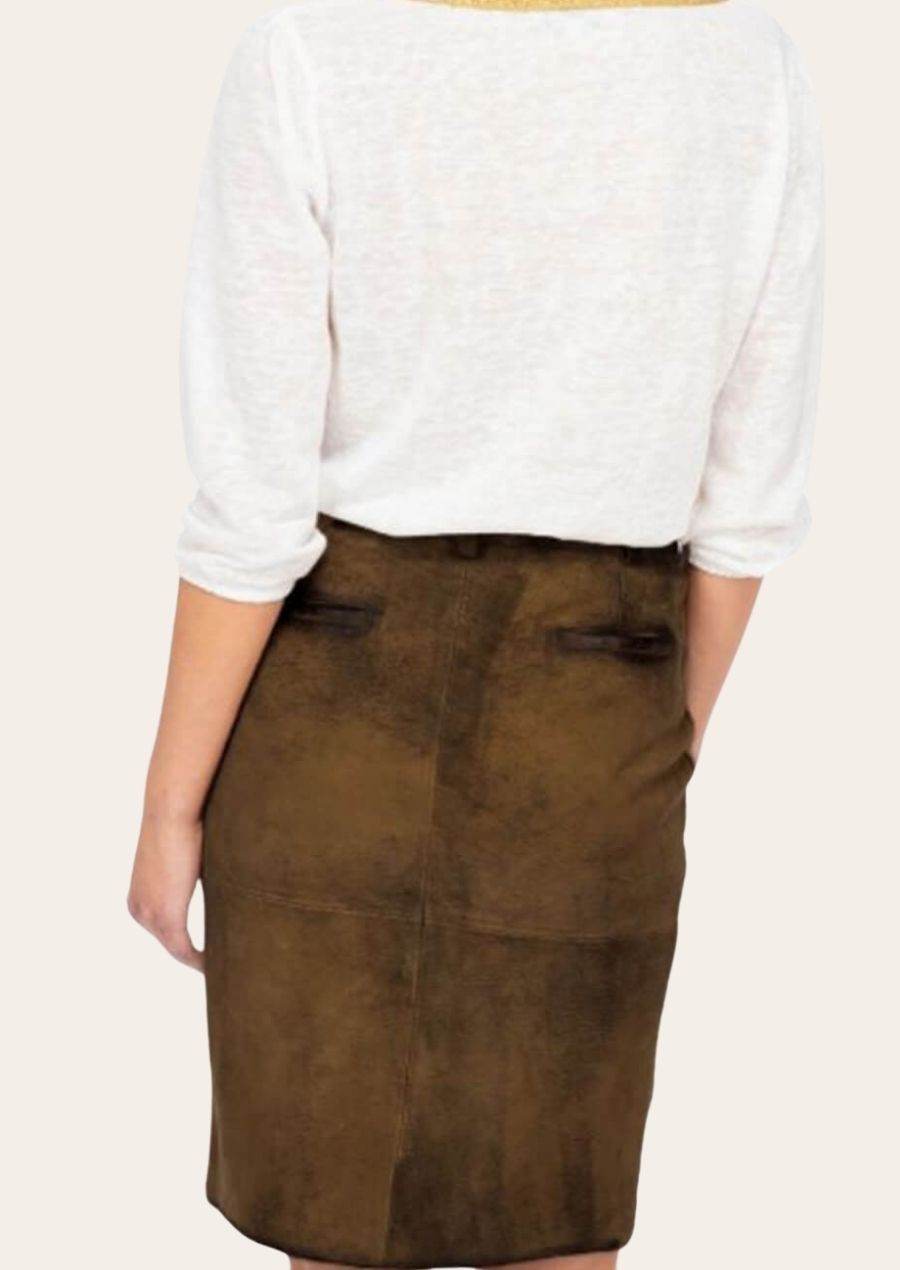 Brown leather dirndl skirt back view with center seam and straight hem