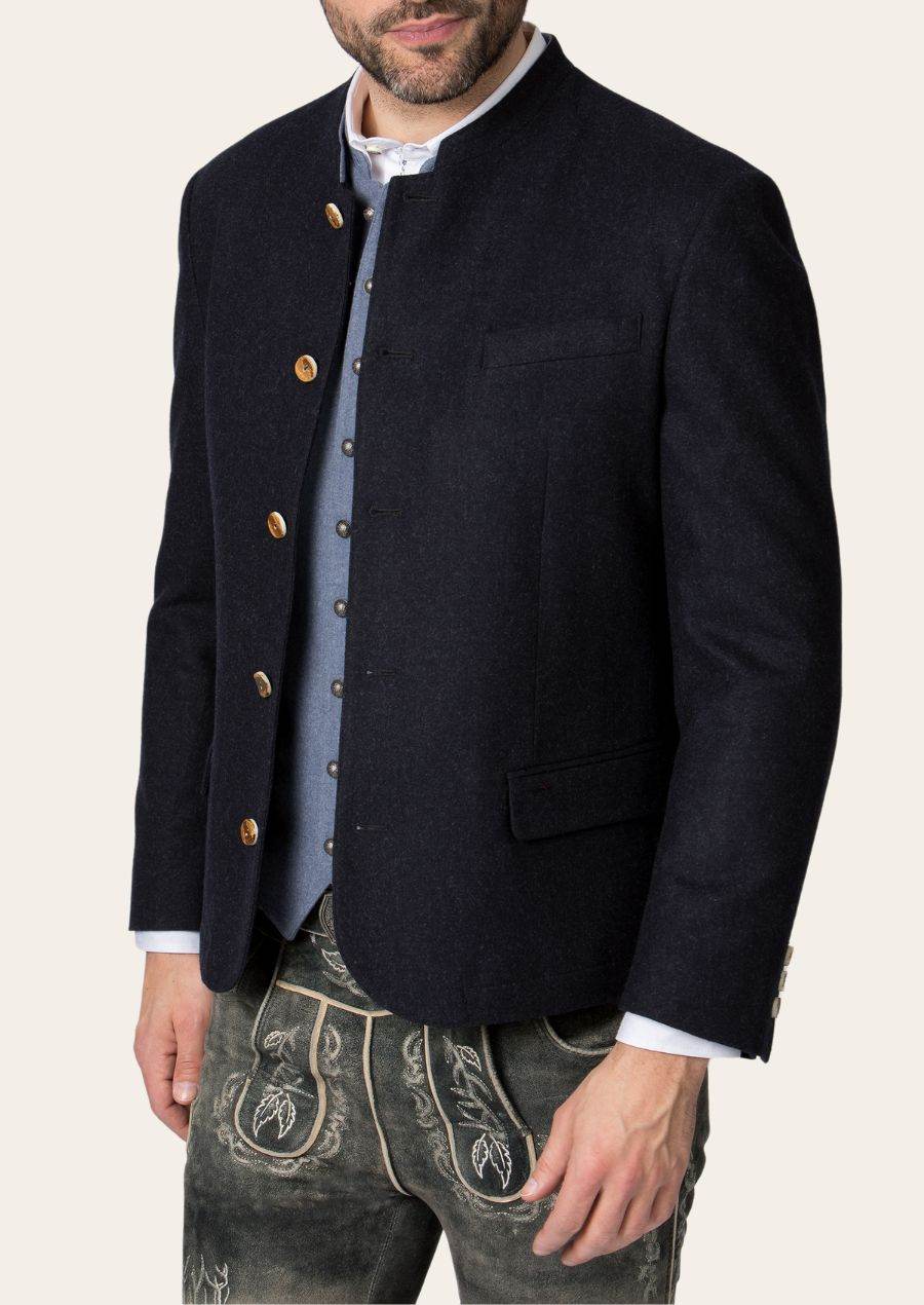 Men's dark navy janker with stand collar, gold buttons, and chest pocket detail