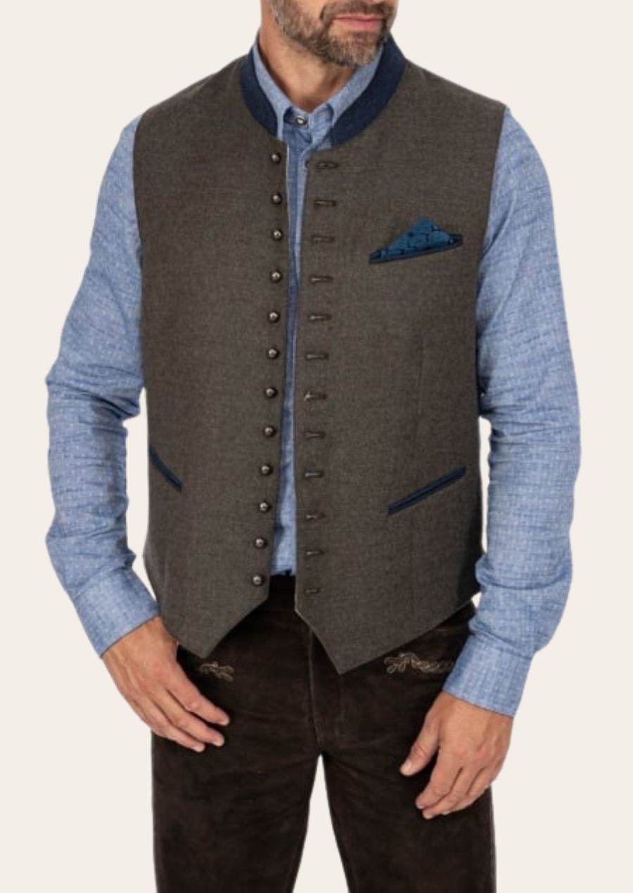 Brown traditional waistcoat with blue trim, button front, and angled pocket accents