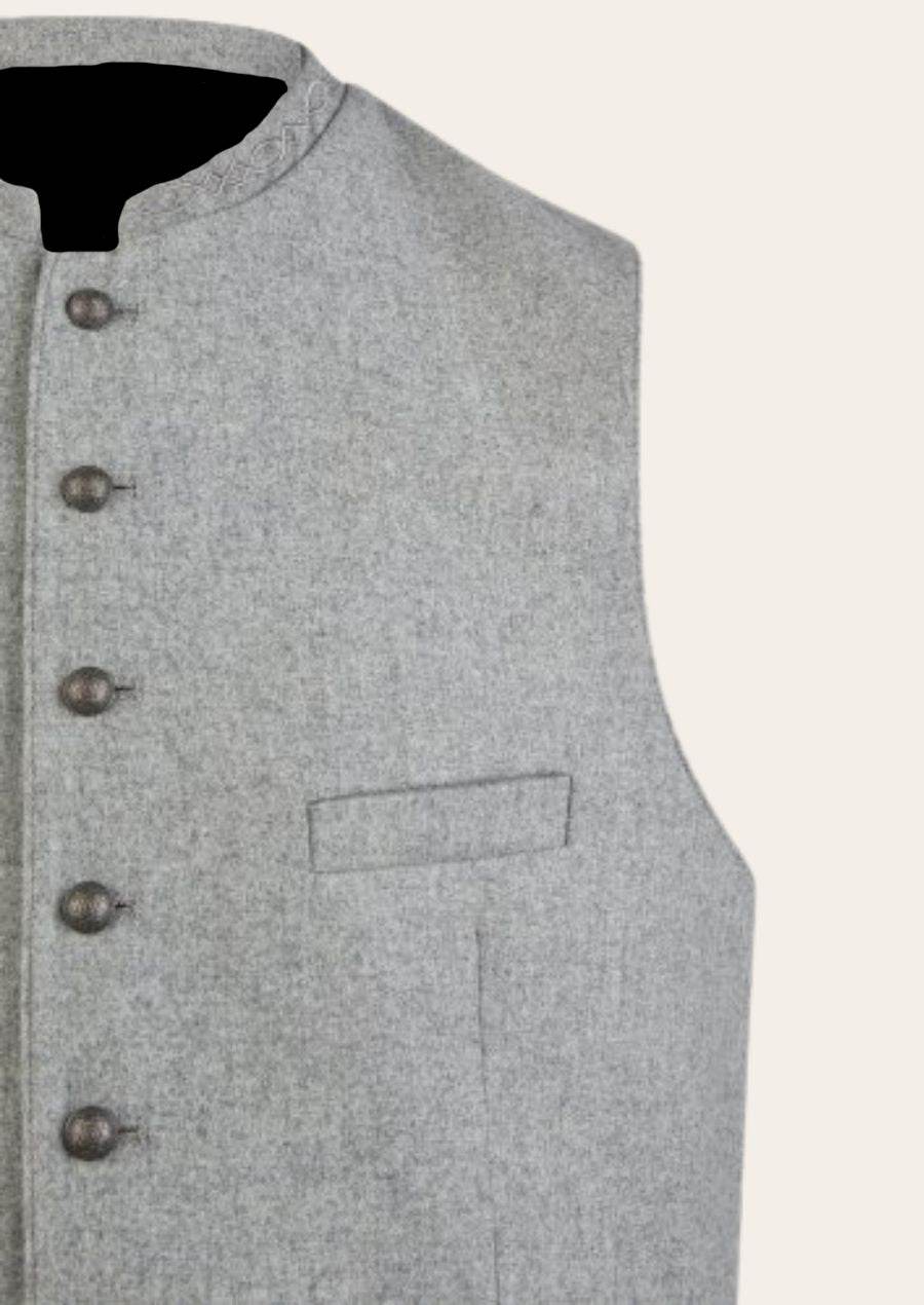 Gray waistcoat front panel close-up with stand collar and metal-button placket