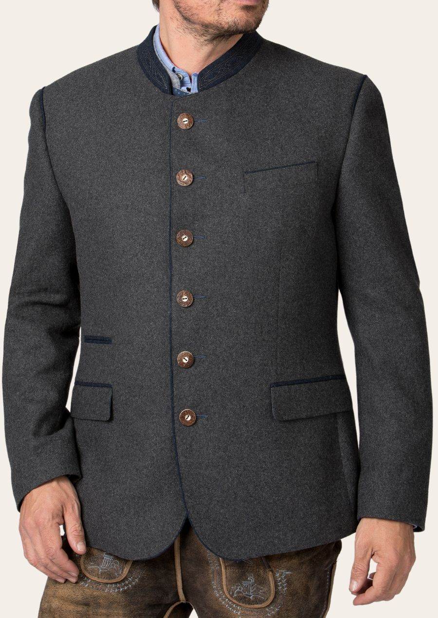 Men's traditional gray jacket with blue trim, chest pocket, brown buttons, stand collar