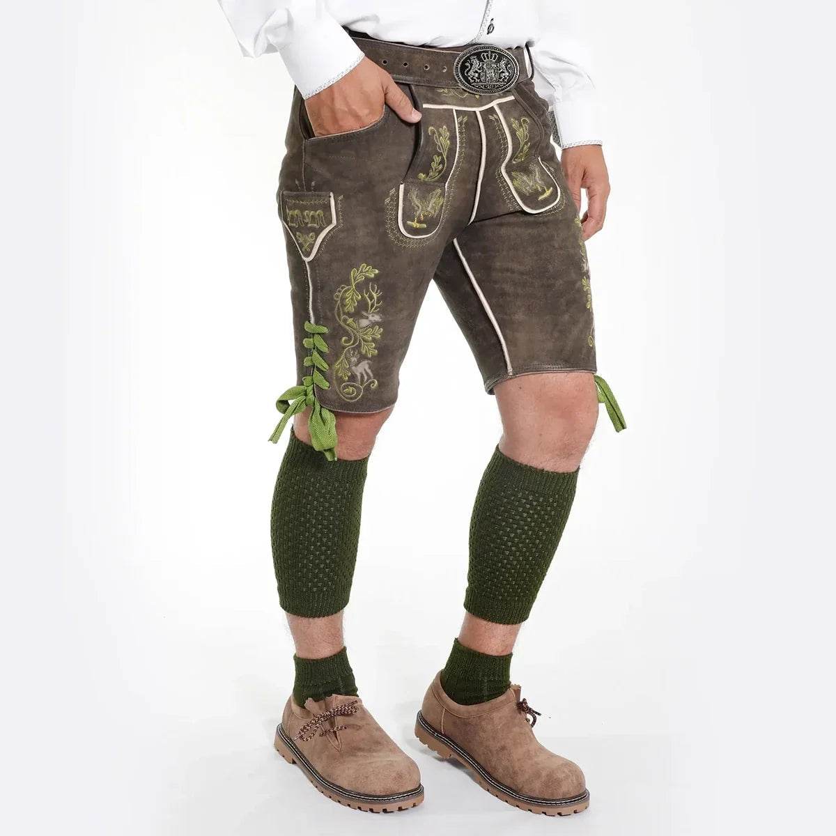 Men's dark brown leather lederhosen shorts with green embroidered trim and lace ties