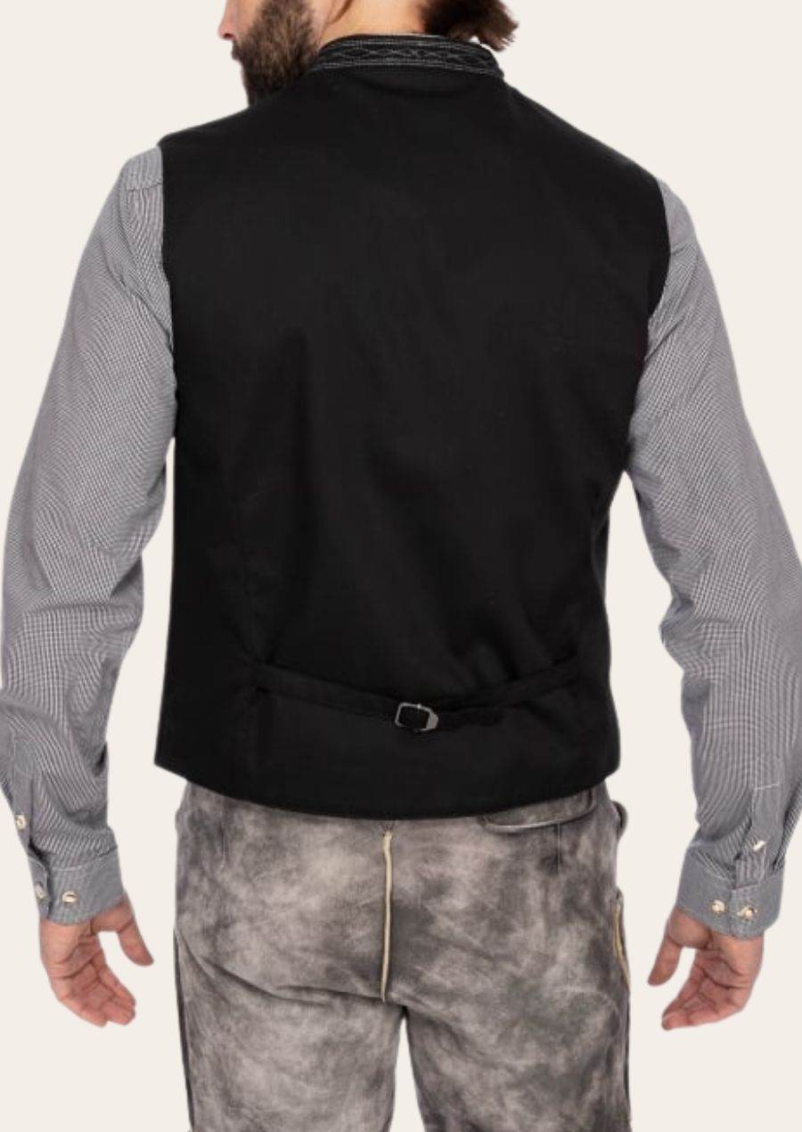 Black waistcoat vest back view with stand collar and adjustable waist strap