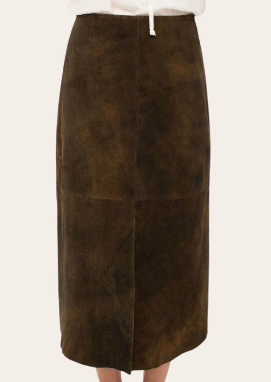 Women's leather-look traditional skirt, olive-brown midi with drawstring waistband and center seam