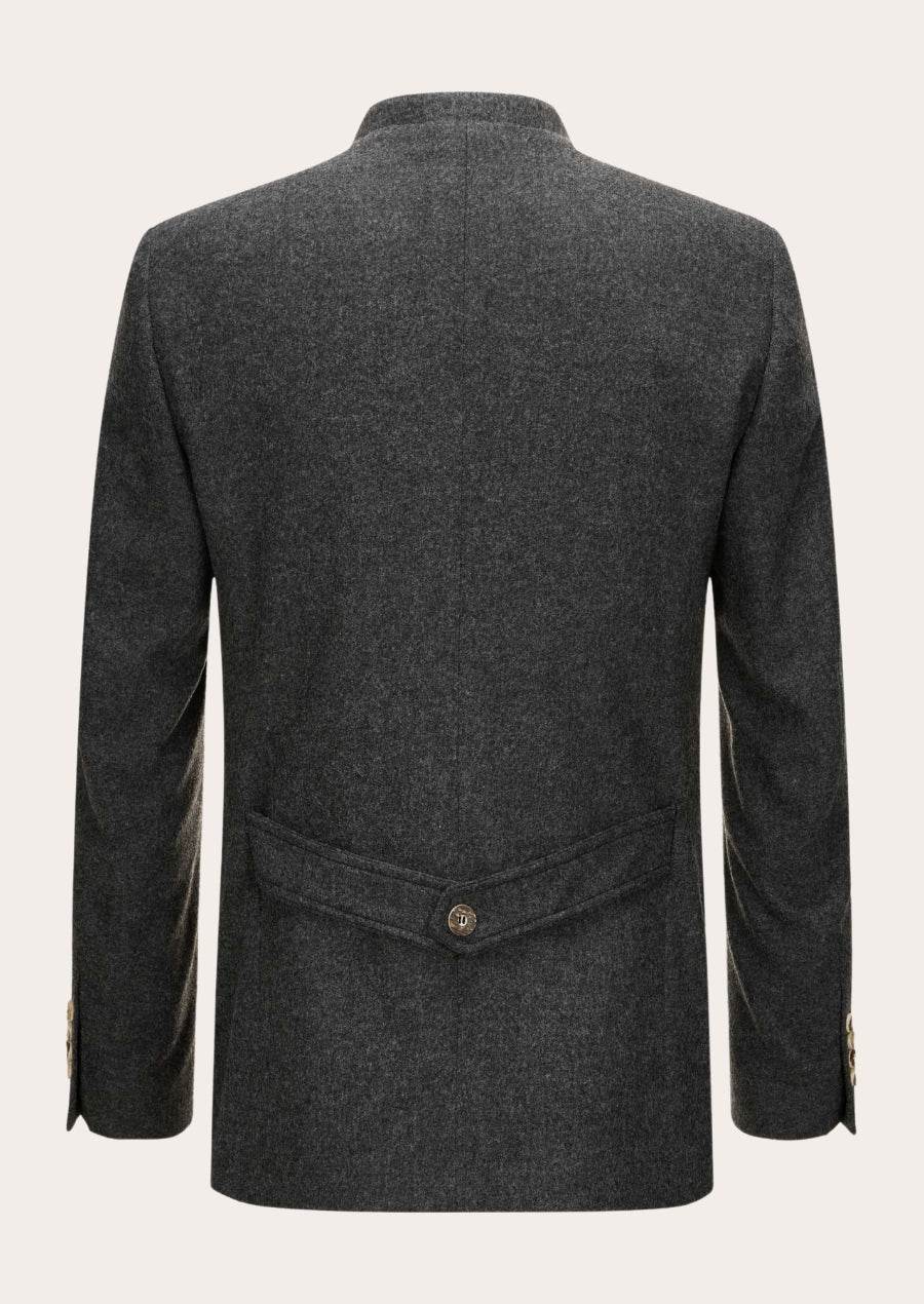 Men's dark gray traditional-style felt jacket, back view with waist pocket seam