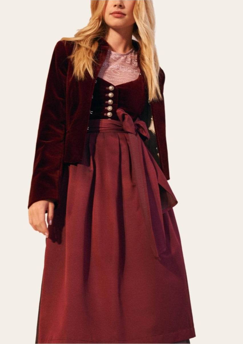 Women’s dirndl jacket, burgundy velvet-look, long sleeves, worn over a dress