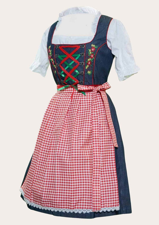 Blue dirndl with laced front panel and floral embroidery, red gingham skirt, white blouse sleeves