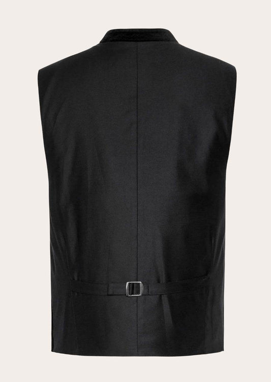 Men's black traditional vest back with waist belt and center seam
