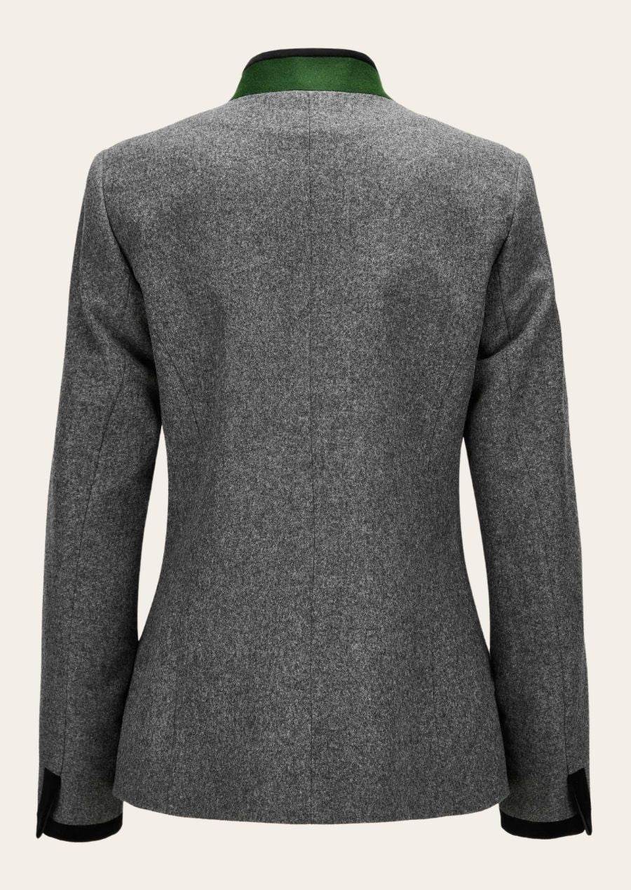 Women's gray wool felt jacket back with green collar and black button placket trim