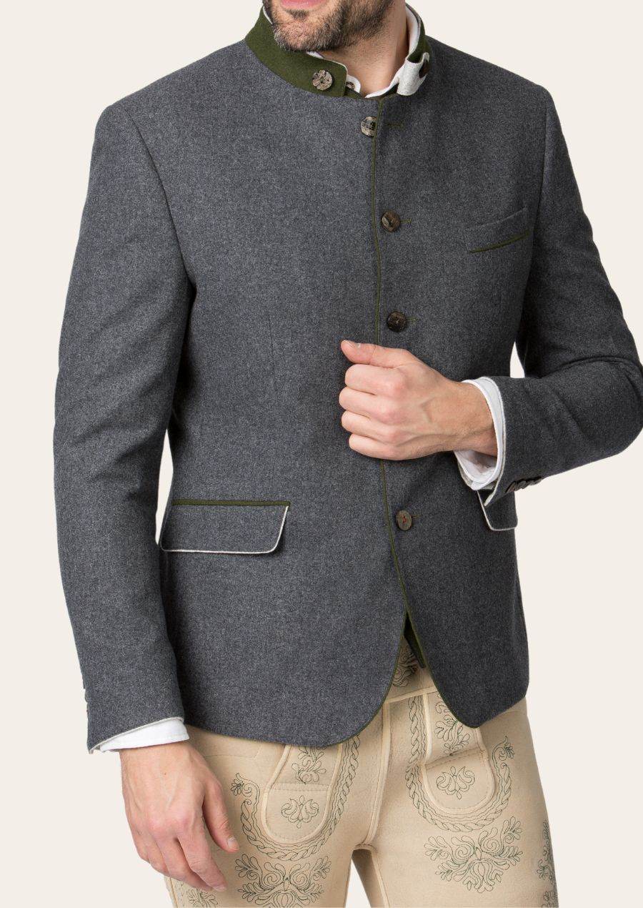 Men's stand-collar jacket dark gray with contrast piping, front buttons, flap pockets