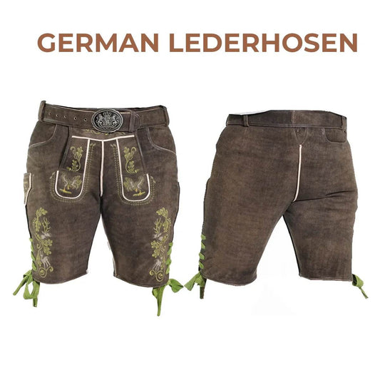 Men's dark brown leather lederhosen shorts with green embroidered pockets and tie laces