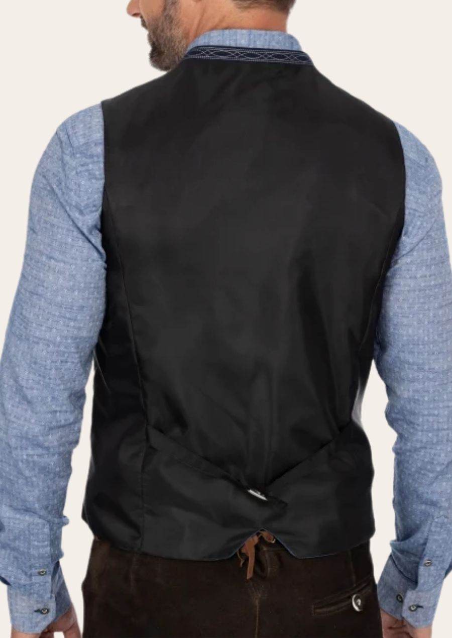 Men's dark waistcoat back view with stand collar and drawstring at hem