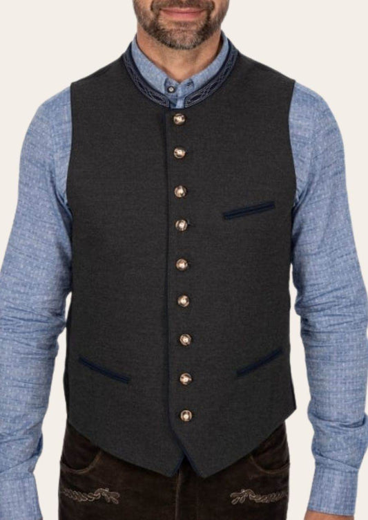 Men's dark gray waistcoat with stand collar, metallic buttons, and dark pocket accents