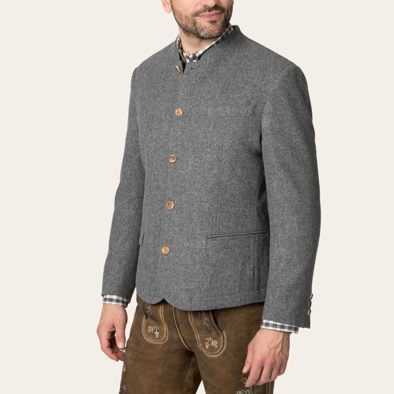Men's gray jacket with stand collar, gold buttons, and front chest pocket