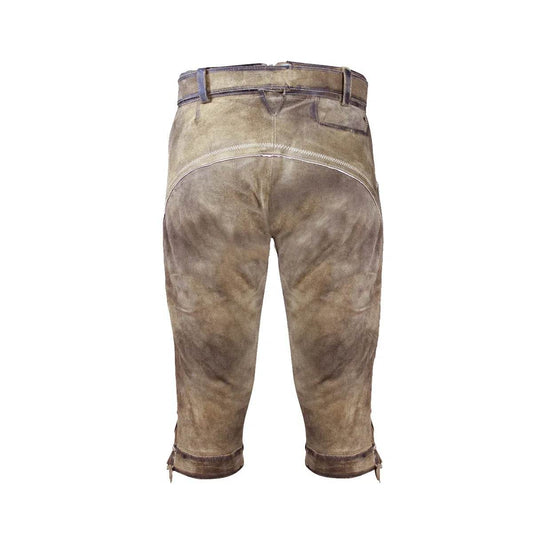 Men's traditional leather knee-breeches, back view, stitched yoke and hem ties
