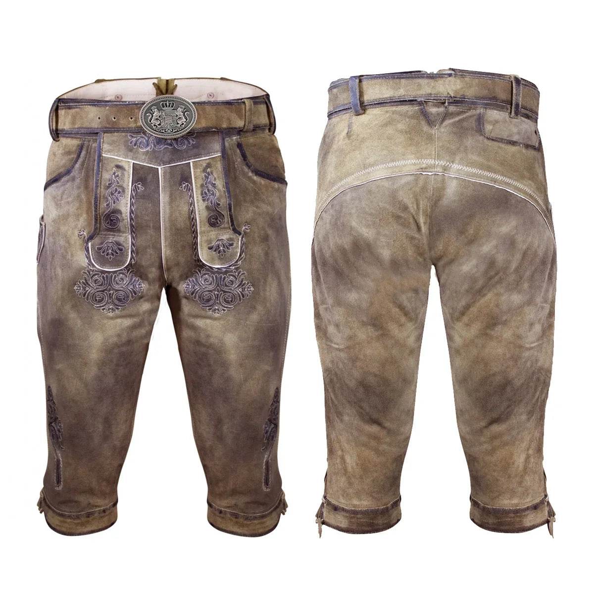 Pair of men's leather knee-breeches, front and back views, with silver embroidery