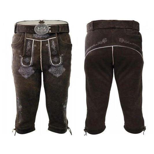 Suede knee-length lederhosen: front with bib embroidery, back with scalloped trim