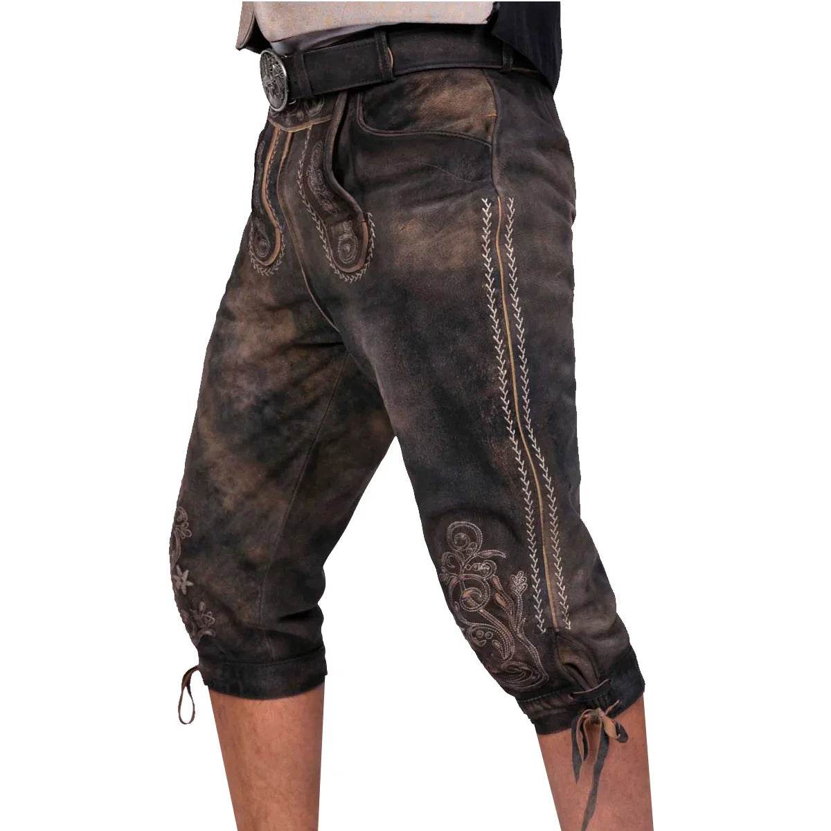 Men's dark brown lederhosen shorts with detailed embroidery panels and lace-up ankle ties