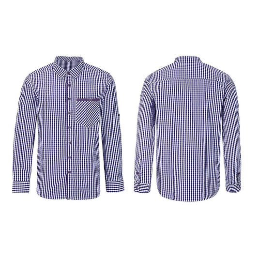 Men's blue-and-white checkered button-up shirt, front and back views, long sleeves