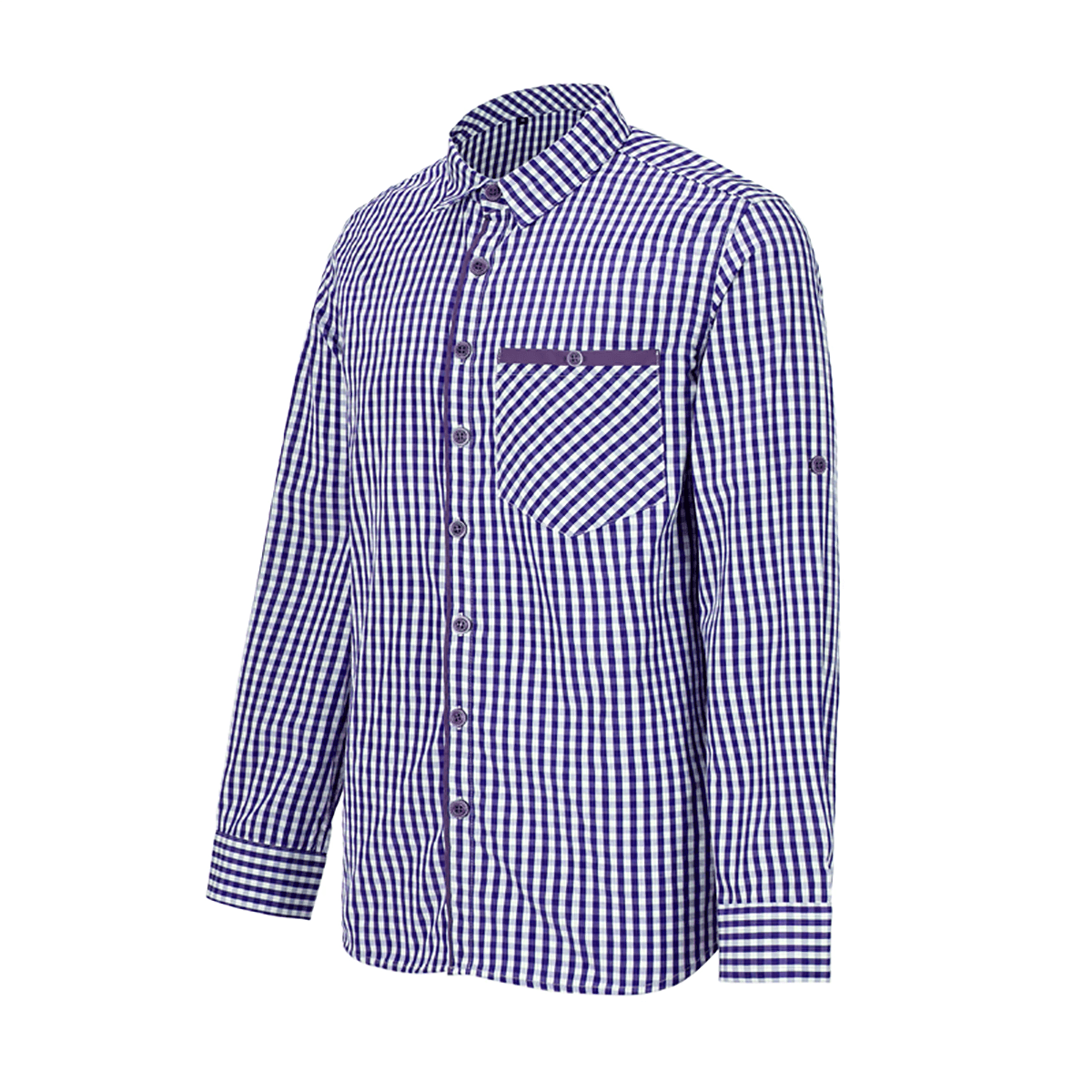 Men's blue-and-white check button-up shirt with chest pocket and long sleeves