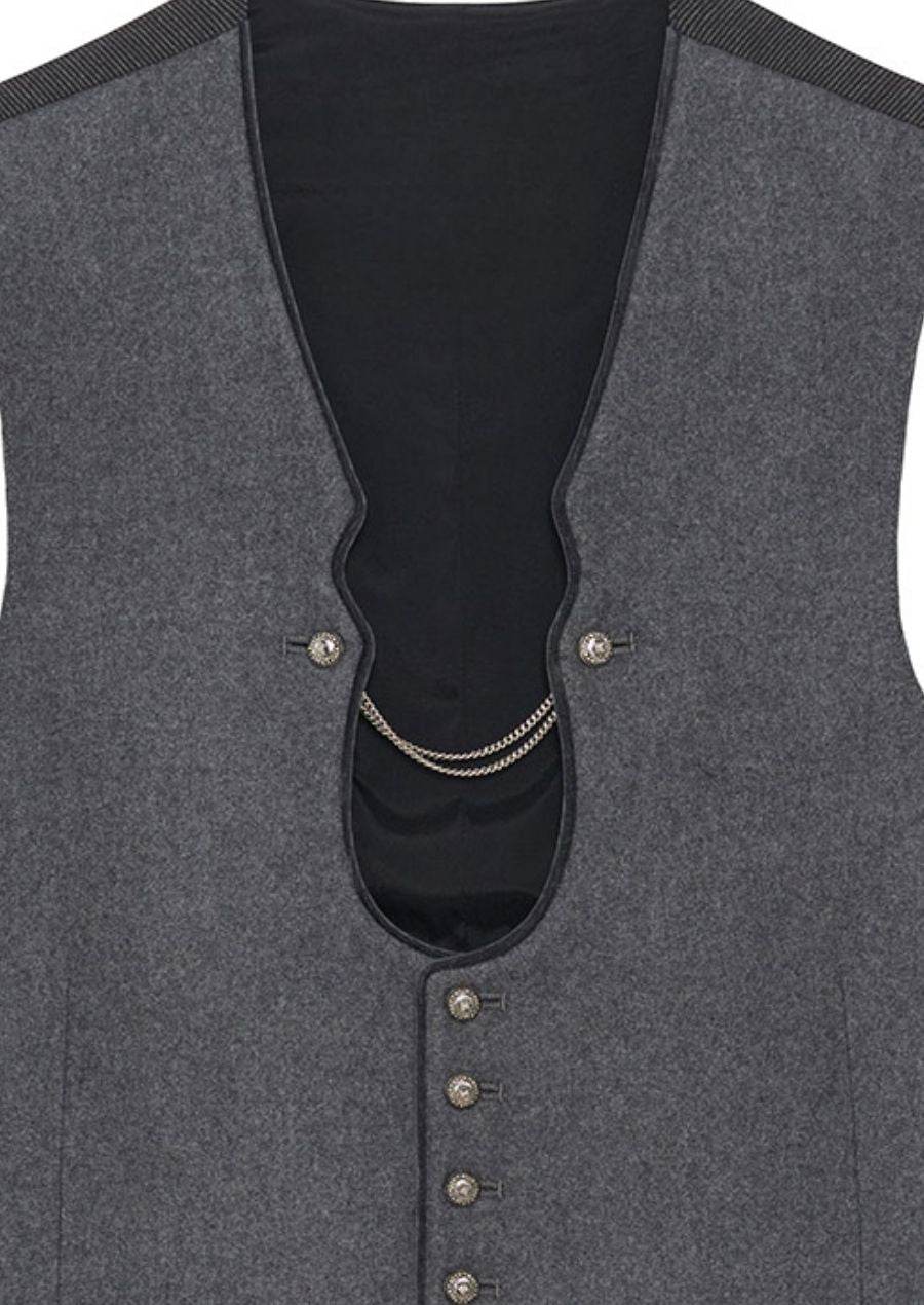 Men's linen waistcoat close-up, black V panel with brass buttons and chain trim