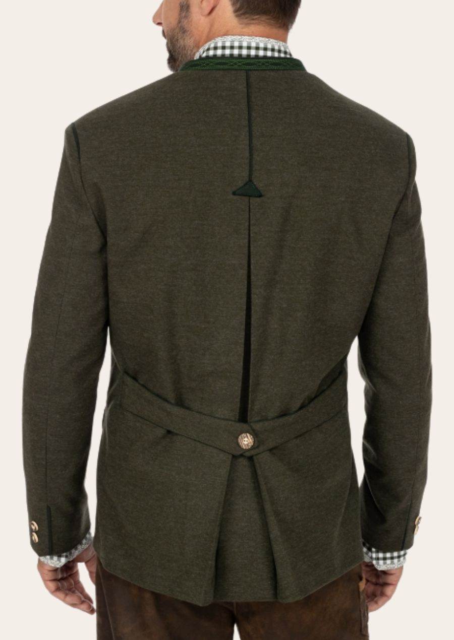 Classic men's traditional jacket back view, dark green with belt tie and button detail