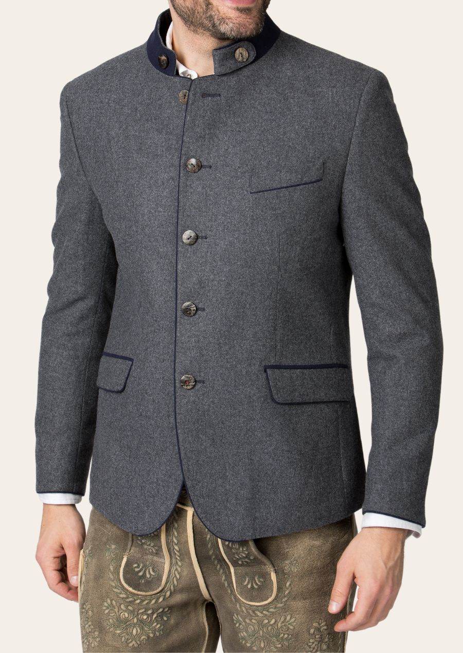 Men's gray button-front jacket with stand collar, flap pockets, visible bronze buttons